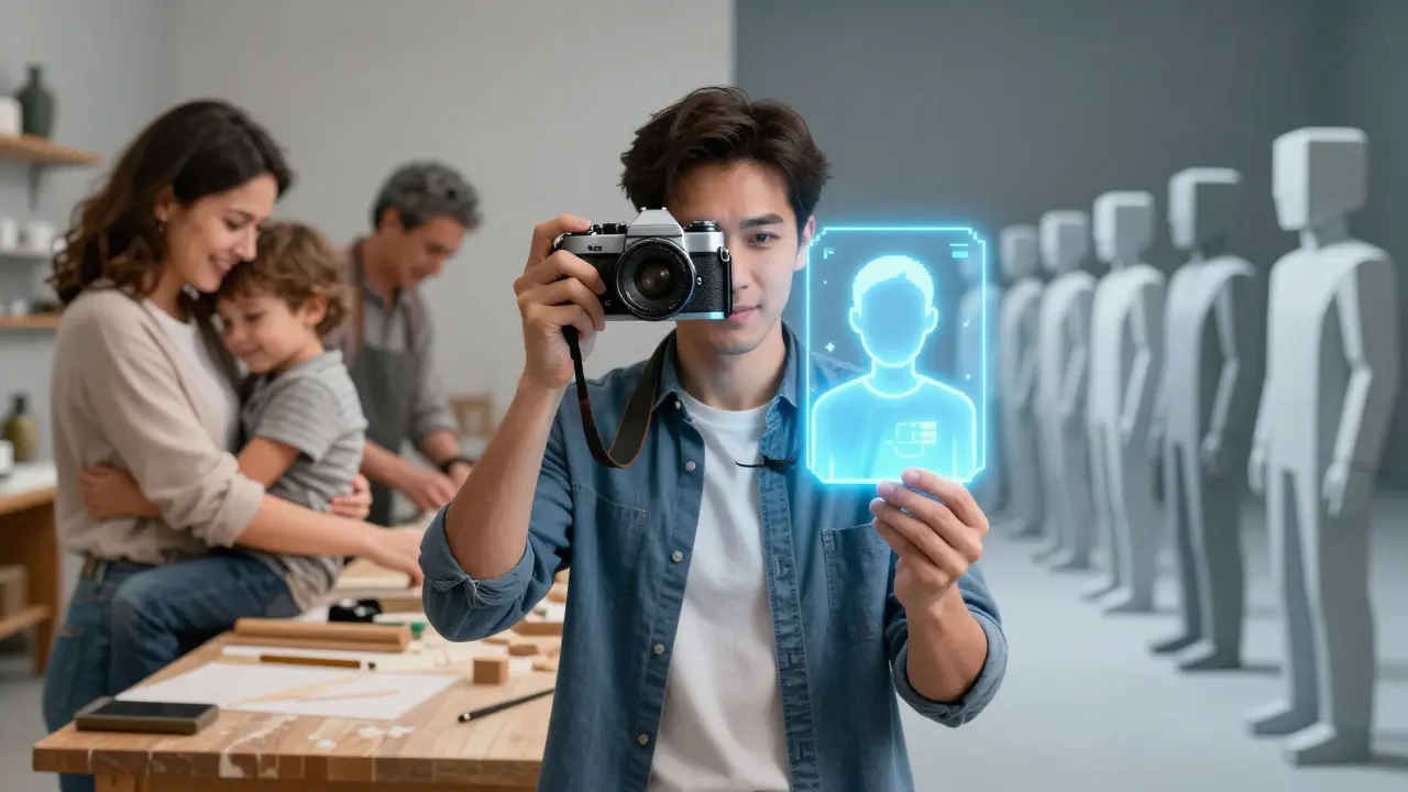 Fotograf hält traditionelle Kamera und KI-Bild neben einander, zwischen echten und digitalen Emotionen.