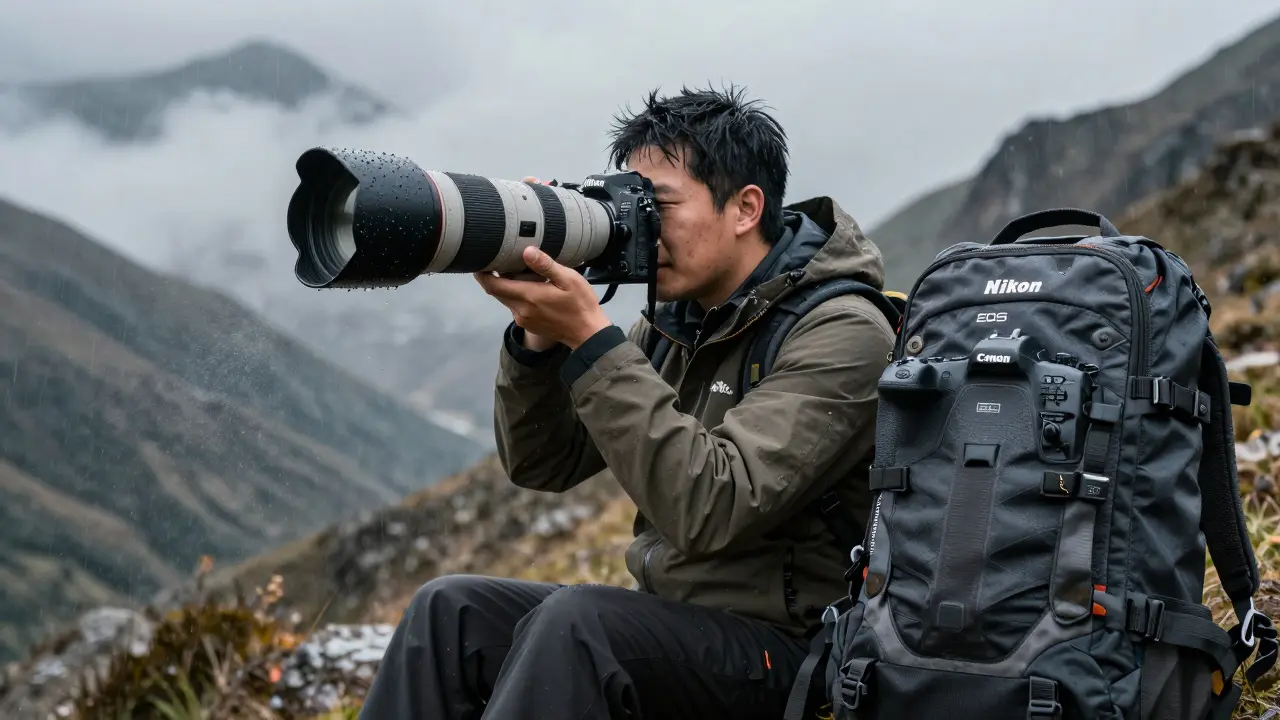Fotograf mit Nikon Z9 bei schlechtem Wetter in der Natur, Canon R3 im Rucksack.
