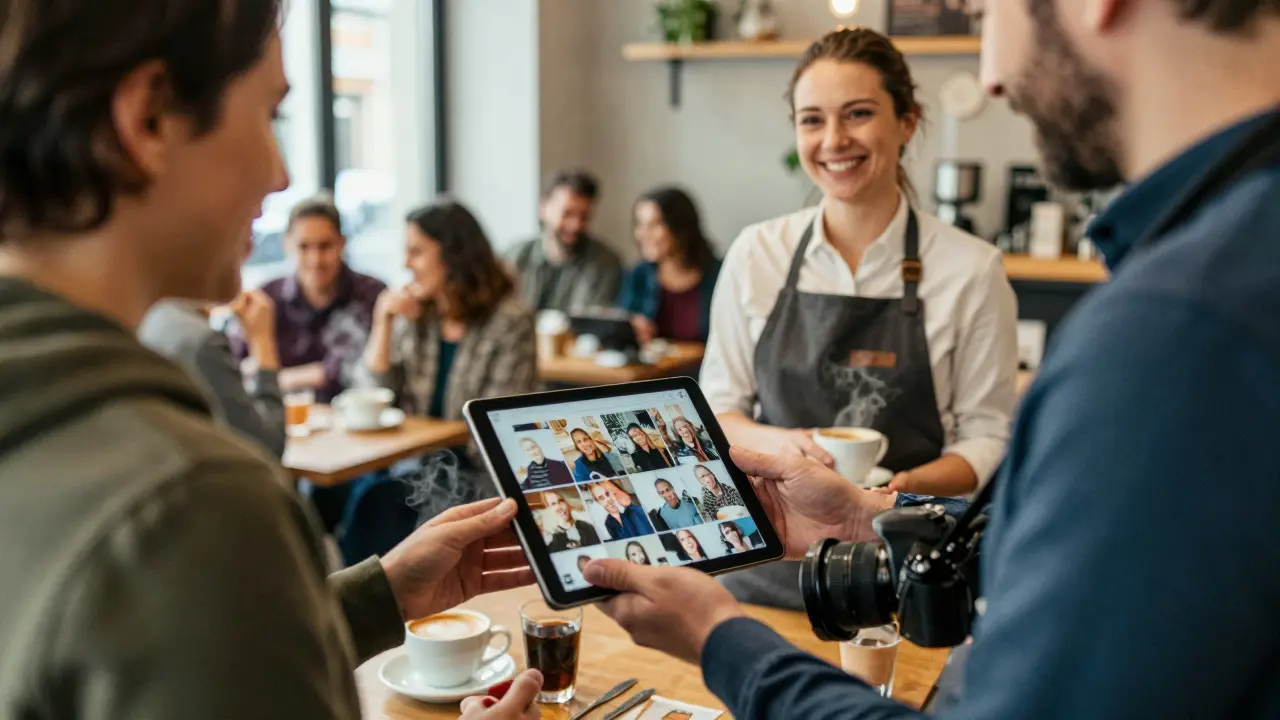 Fotograf übergibt bearbeitete Social-Media-Bilder einem Café-Inhaber in einer lebendigen Café-Szene.