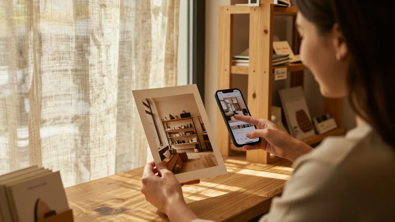 Fotograf übergibt einem Ladenbesitzer ein gedrucktes Foto seiner Boutique in einem gemütlichen Café.