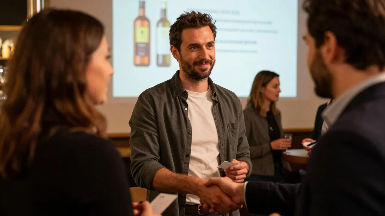 Fotograf vernetzt sich mit einem Marketing-Manager bei einer Branchenveranstaltung in einer Zürcher Bar.
