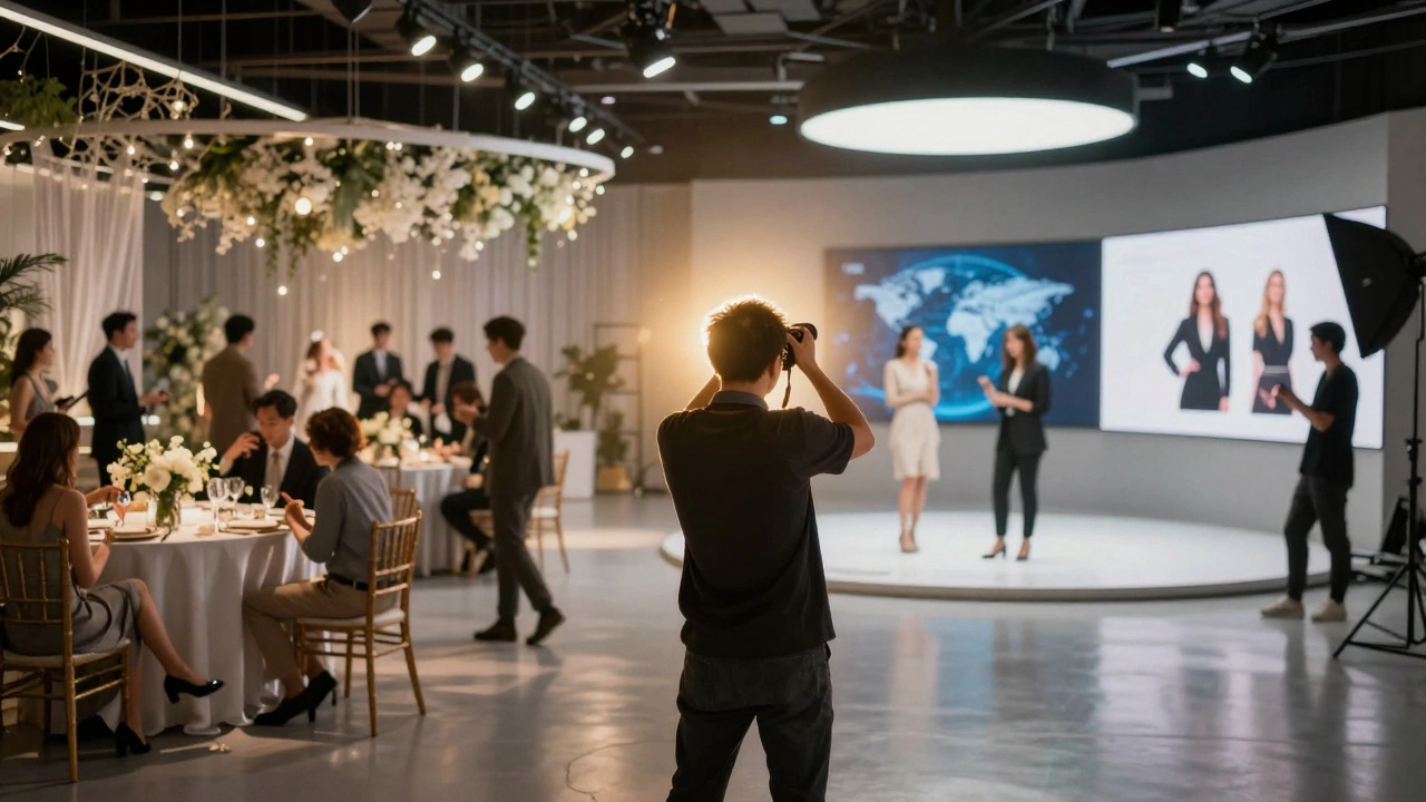 Fotograf zwischen Hochzeitsfeier und Werbestudio, symbolisch für unterschiedliche Einkommensquellen.