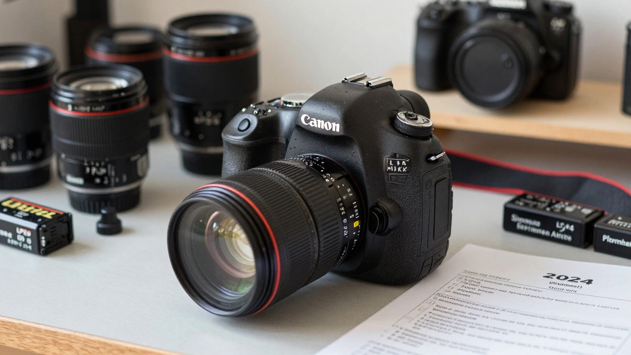 Gebrauchte Canon DSLR auf Werkbank mit alten Objektiven und Reparaturbeleg, modernes Modell im Hintergrund.