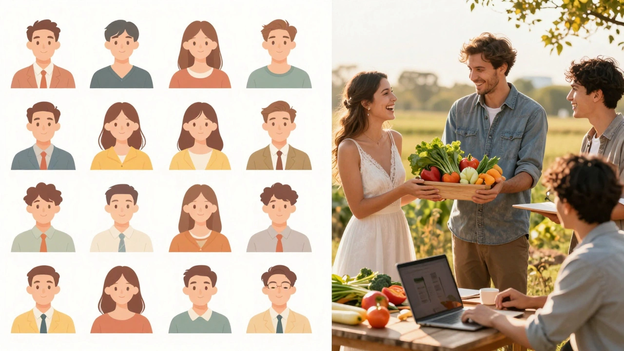 Gegenüberstellung von generischen KI-Bildern und echten menschlichen Momenten in natürlichem Licht.