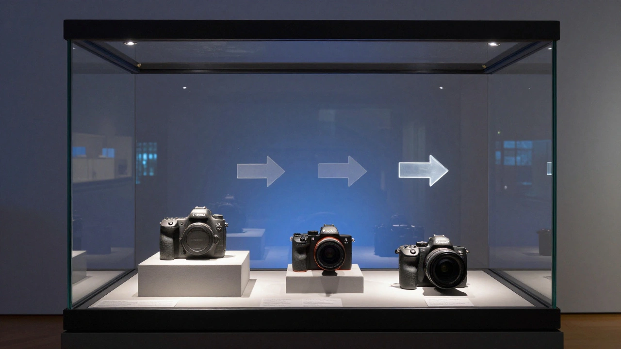 Glasvitrine mit alter DSLR neben modernen Spiegelreflexkameras, technologischer Wandel.
