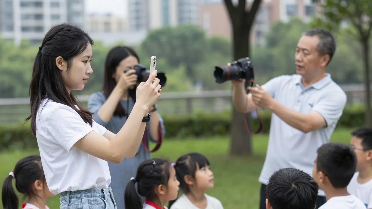 Junge und erfahrene Fotografinnen arbeiten nebeneinander bei einer Kinderparty.