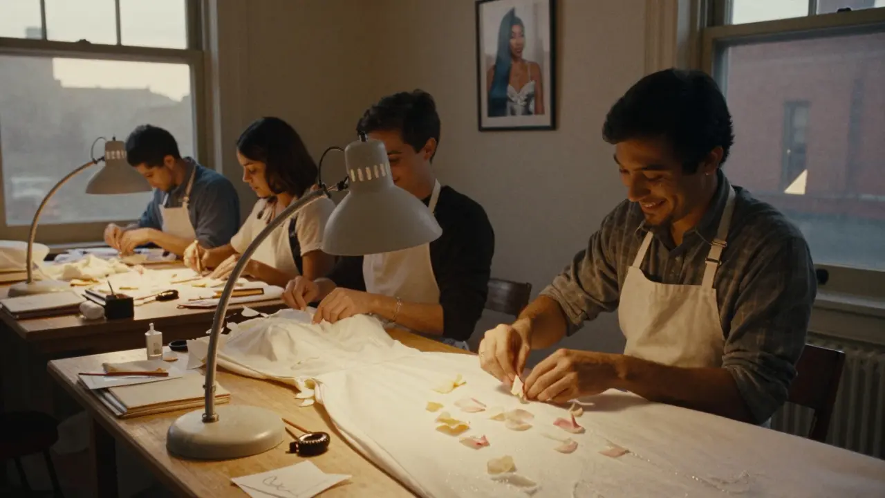 Kleine Werkstatt in Brooklyn: Handarbeit an einem ikonischen Kleid unter warmem Licht.