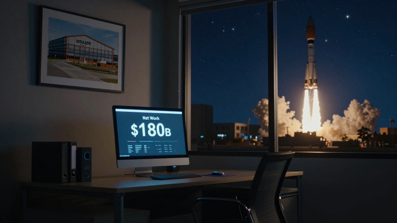 Leeres CEO-Büro mit Bildschirm, der 180 Milliarden Dollar anzeigt, draußen startet eine Rakete.