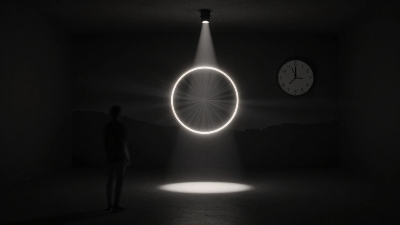 Lichtkreis als Blendenwert f/2.8 schwebt in Dunkelheit, umgeben von Silhouetten von Mensch und Landschaft.