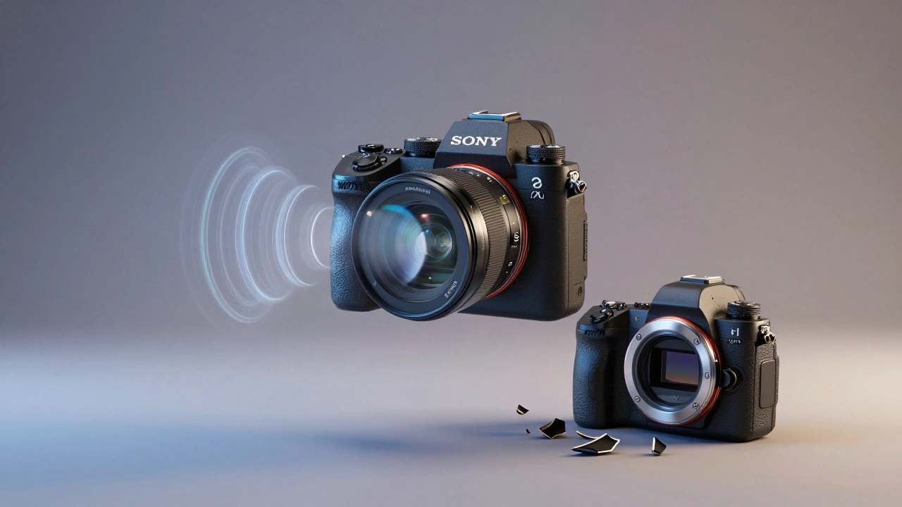 Moderne Mirrorless-Kamera ohne bewegliche Teile, elektronischer Verschluss als unsichtbare Energie, neben gebrochenem mechanischen Verschluss.