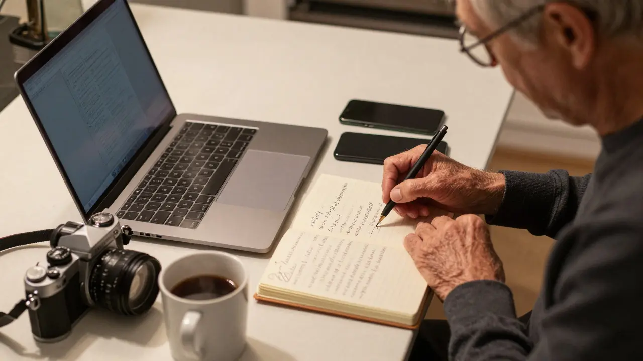 Person an Küchentisch mit Kamera, Laptop und Notizen, Kaffee daneben.