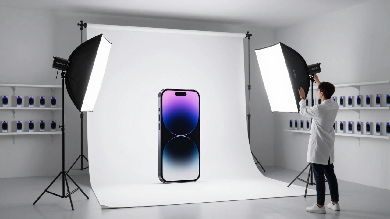 Produktfotografie-Studio mit Smartphone unter weißen Lichtern und gleichförmigen Produkten im Hintergrund.