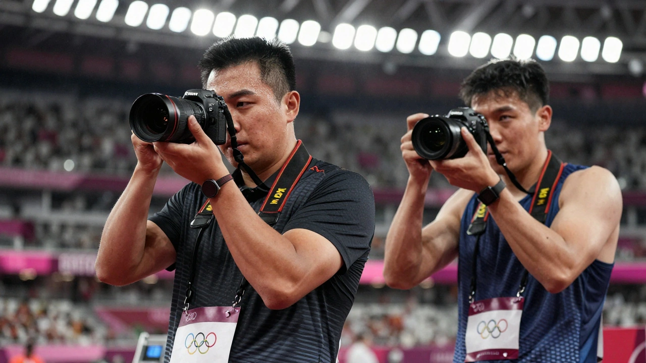 Sportfotograf mit zwei spiegellosen Kameras bei einem Olympischen Event, Bewegungsunschärfe im Hintergrund.