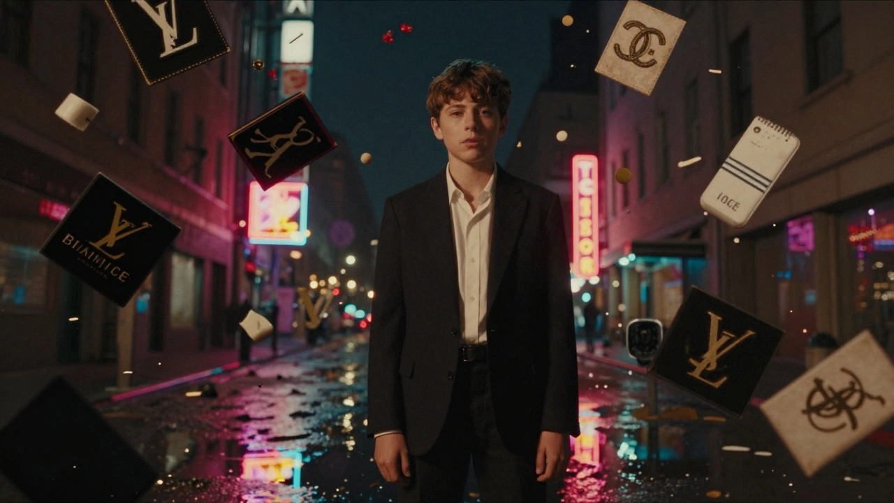 Surreales Foto mit schwebendem Müll und reflektierten Luxus-Logos in Pfützen, stilistisch nach David LaChapelle.