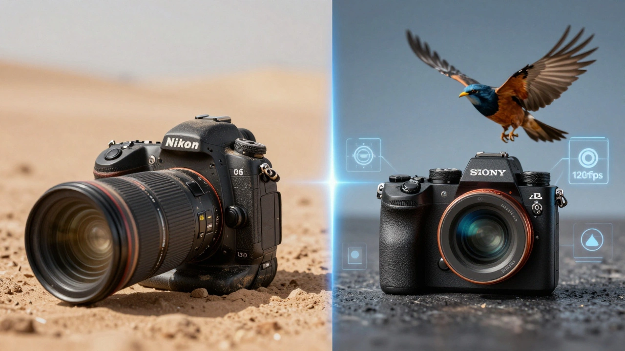 Vergleich: alte DSLR in der Wüste und moderne spiegellose Kamera mit digitalen Überlagerungen.