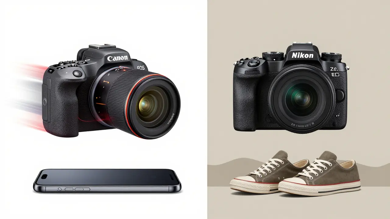 Vergleich: Canon mit lebendigen Farben und Bewegung, Nikon mit natürlichen Tönen und Ruhe, über Smartphone und Sneakers.