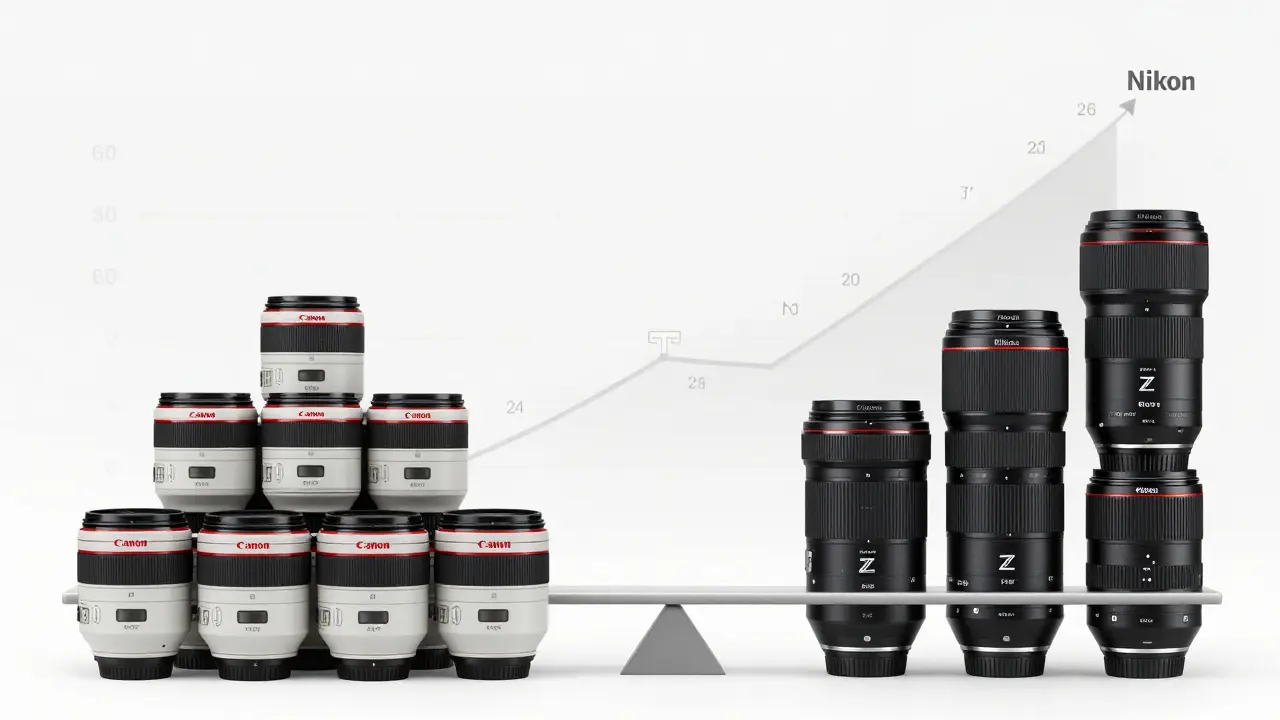 Waage mit Canon- und Nikon-Objektiven, Preisunterschied visuell dargestellt.