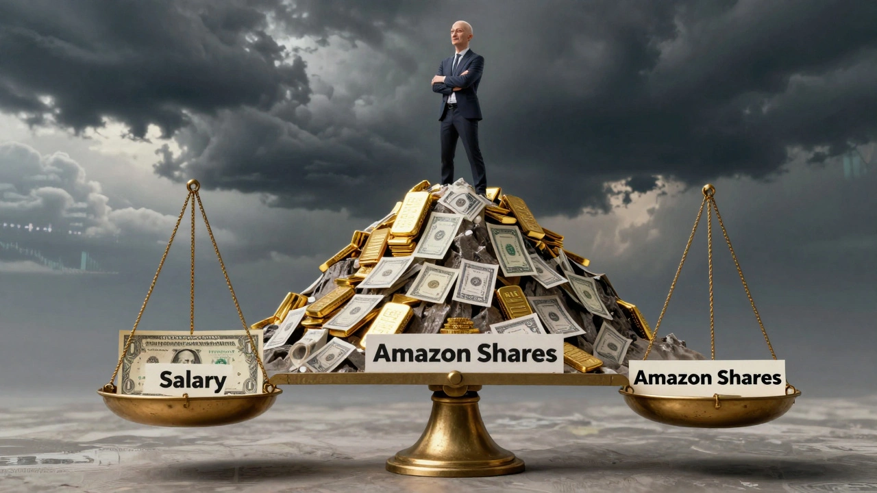 Waage mit einem Dollar auf der einen und Millionen an Aktien auf der anderen Seite, Bezos steht oben.