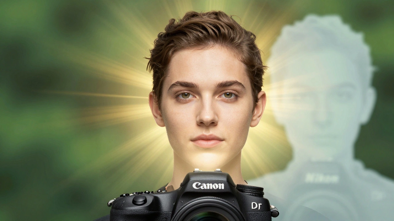 Warmes Porträtbild strahlt aus einer Canon Kamera, während ein kühler Nikon-Schatten dahinter verblassen.