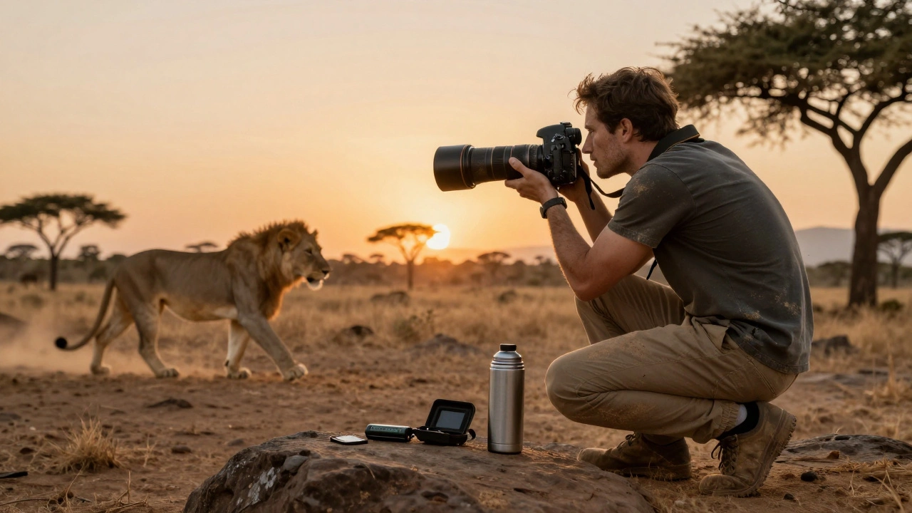 Wildlife-Fotograf mit Nikon D6 in der afrikanischen Savanne, auf der Suche nach einer Löwin.