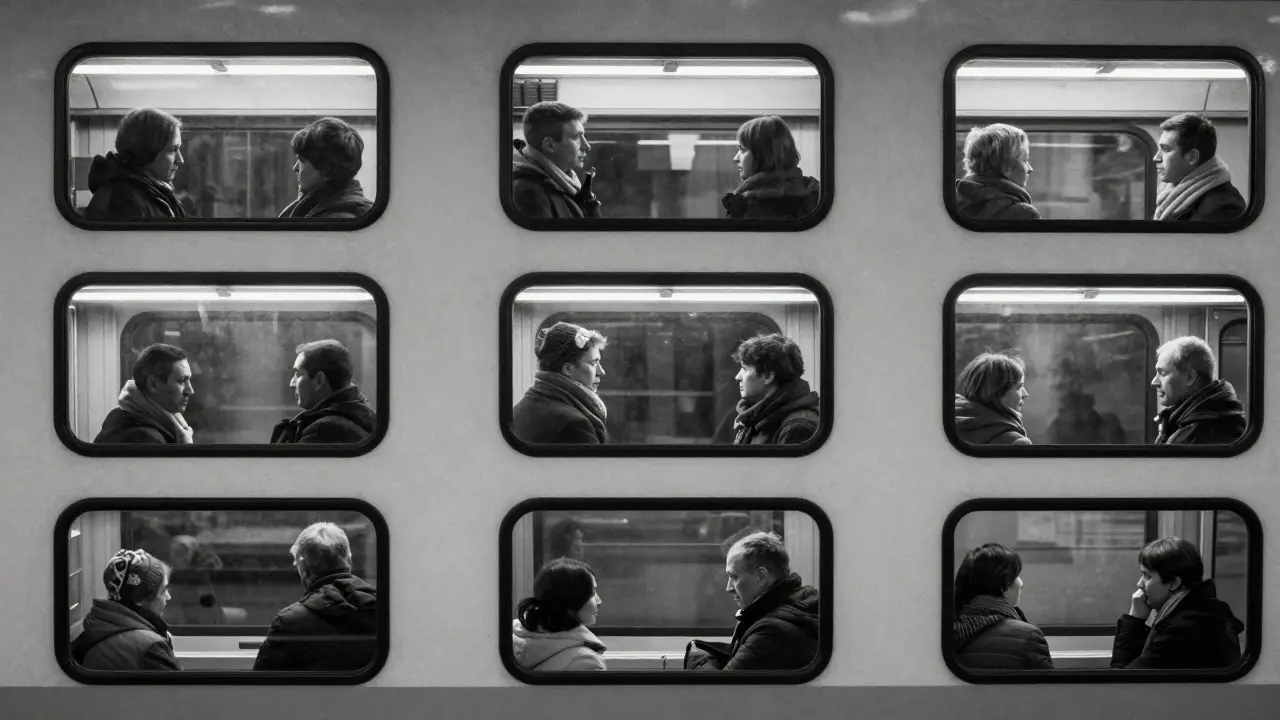 Zehn Fensteraufnahmen aus einer Zürcher U-Bahn, geordnet nach Jahren, zeigen den Wandel der Zeit.