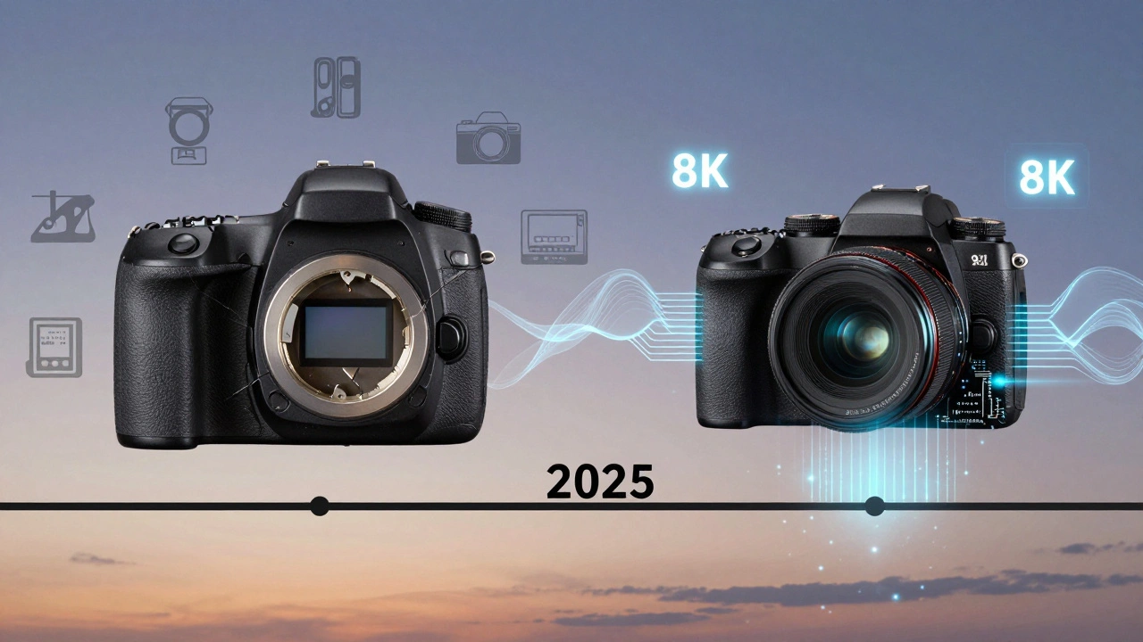 Zeitlinie: Veraltete DSLR links, moderne Mirrorless-Kamera rechts mit digitalen Elementen, verbunden durch &#039;2025&#039;.