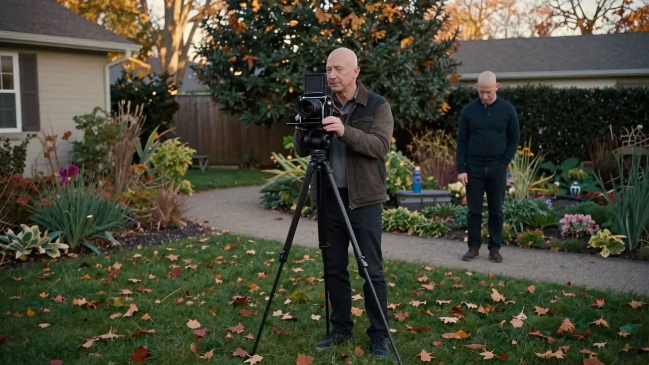 Alec Soth fotografiert Jeff Bezos im Garten mit einer Großformatkamera, goldenes Abendlicht, ruhige Stimmung.