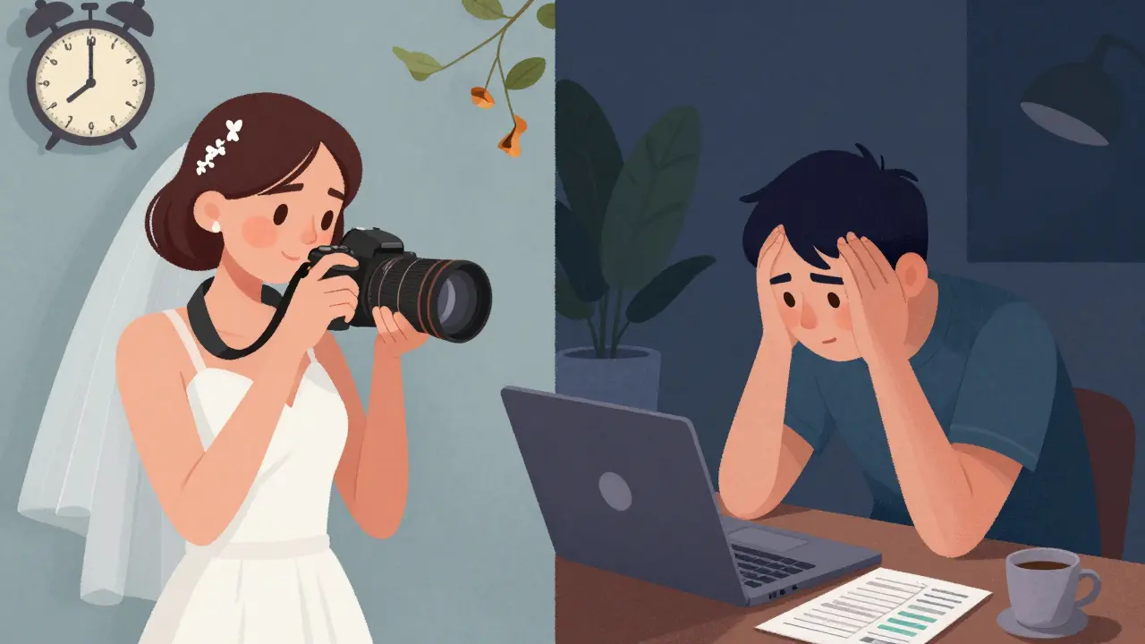 Doppelbild eines Fotografen: eine Seite mit Brautpaar, andere Seite mit Rechnungen und Laptop nachts.