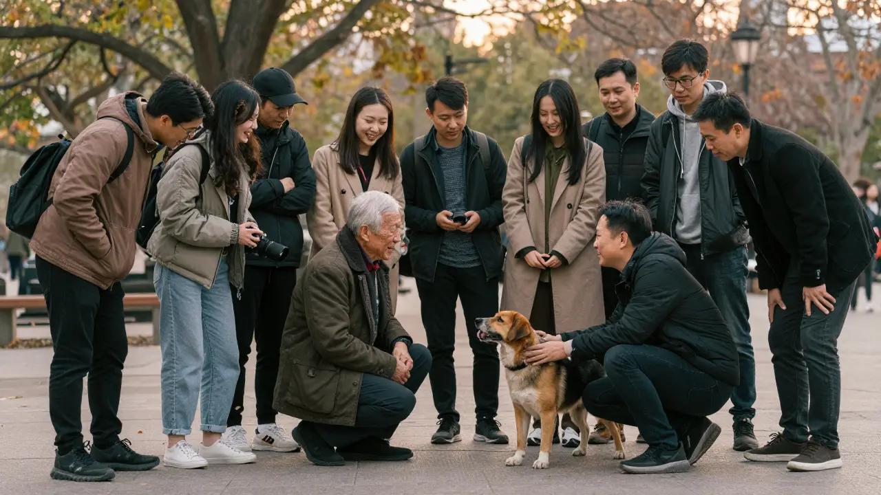 Ein Fotograf im Alter von 30 fotografiert lachende Menschen mit ihrem Hund im Park.