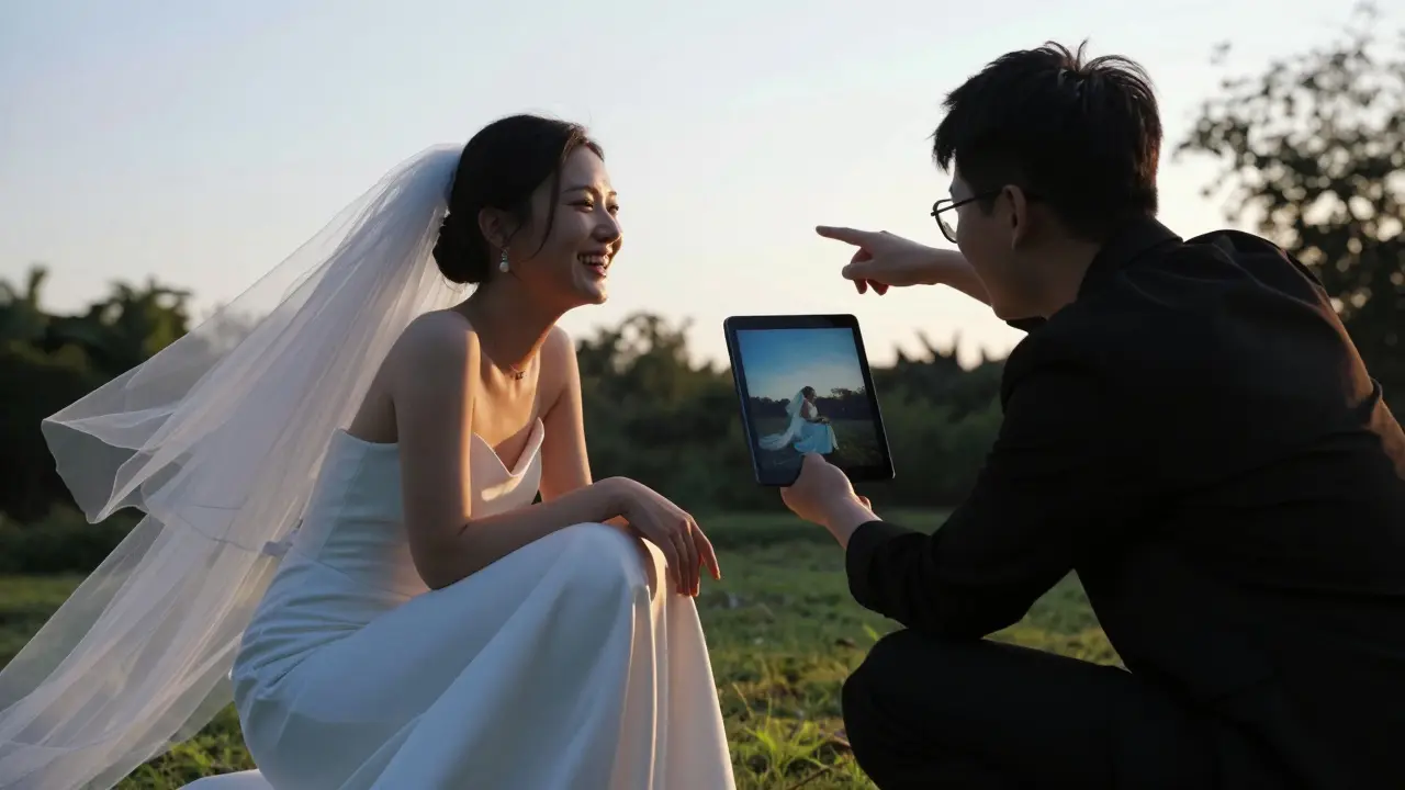 Ein Hochzeitsfotograf fängt einen echten Moment ein, während ein Kunde unzufrieden auf ein bearbeitetes Bild zeigt.