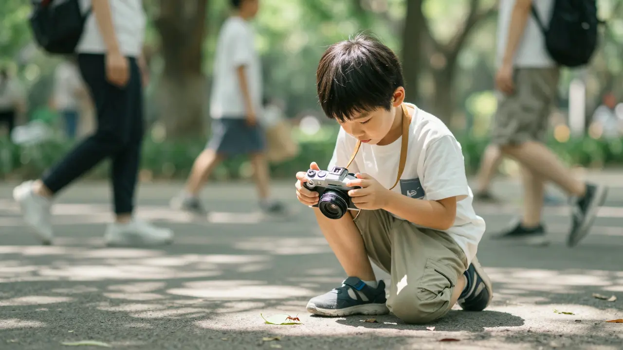 Ein Kind beobachtet eine Ameise auf einem Blatt mit einer Kamera.