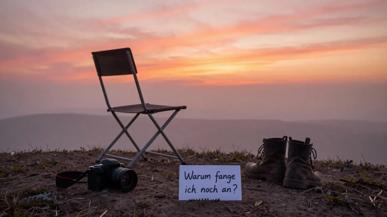 Ein leeres Stativ auf einem Hügel bei Sonnenaufgang, mit einer Kamera und einer handschriftlichen Notiz.