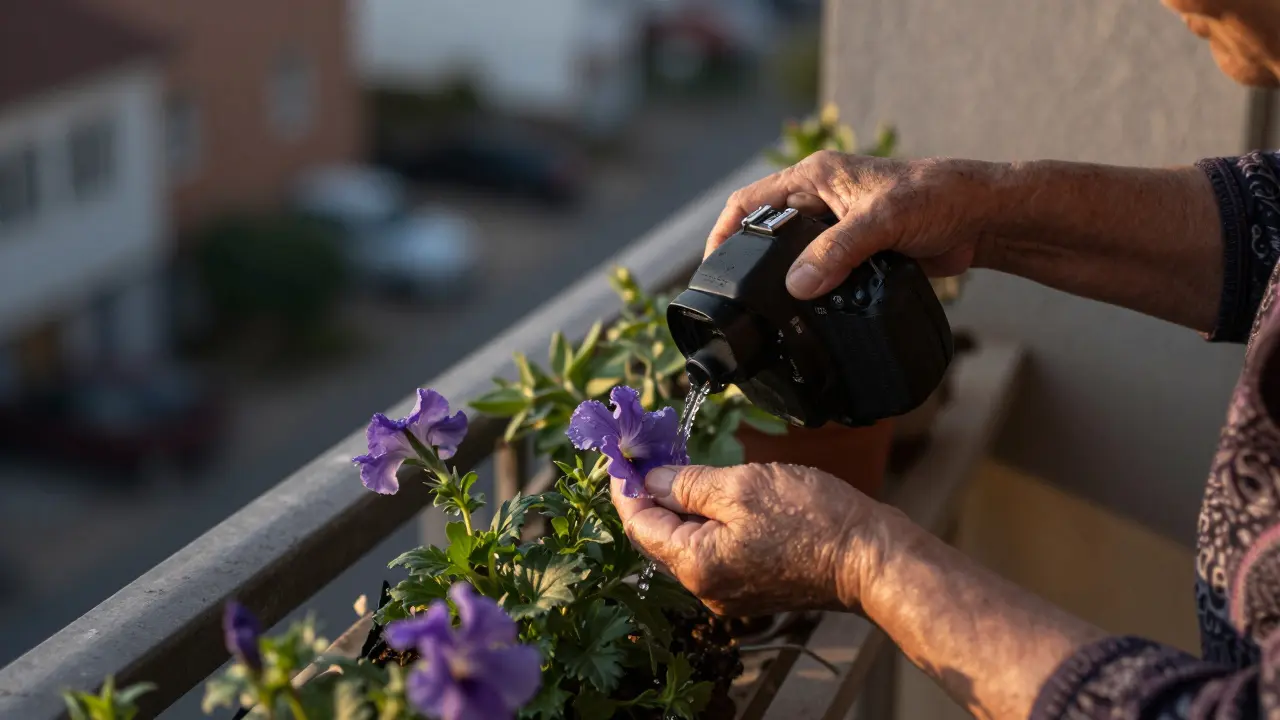 Eine ältere Frau gießt Blumen auf ihrem Balkon bei Abendlicht.