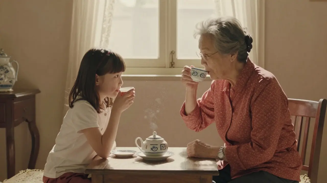 Eine ältere Frau und ihr Enkelkind trinken Tee in einem einfachen Wohnzimmer, beide in Dior-Kleidung, morgendliches Licht fällt durch das Fenster.