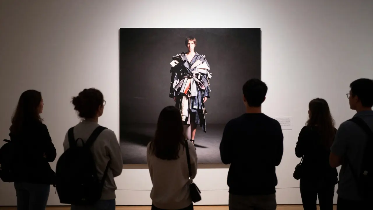 Eine Balenciaga-Fotografie in einem Museum, betrachtet von einer stillen Gruppe Zuschauer.