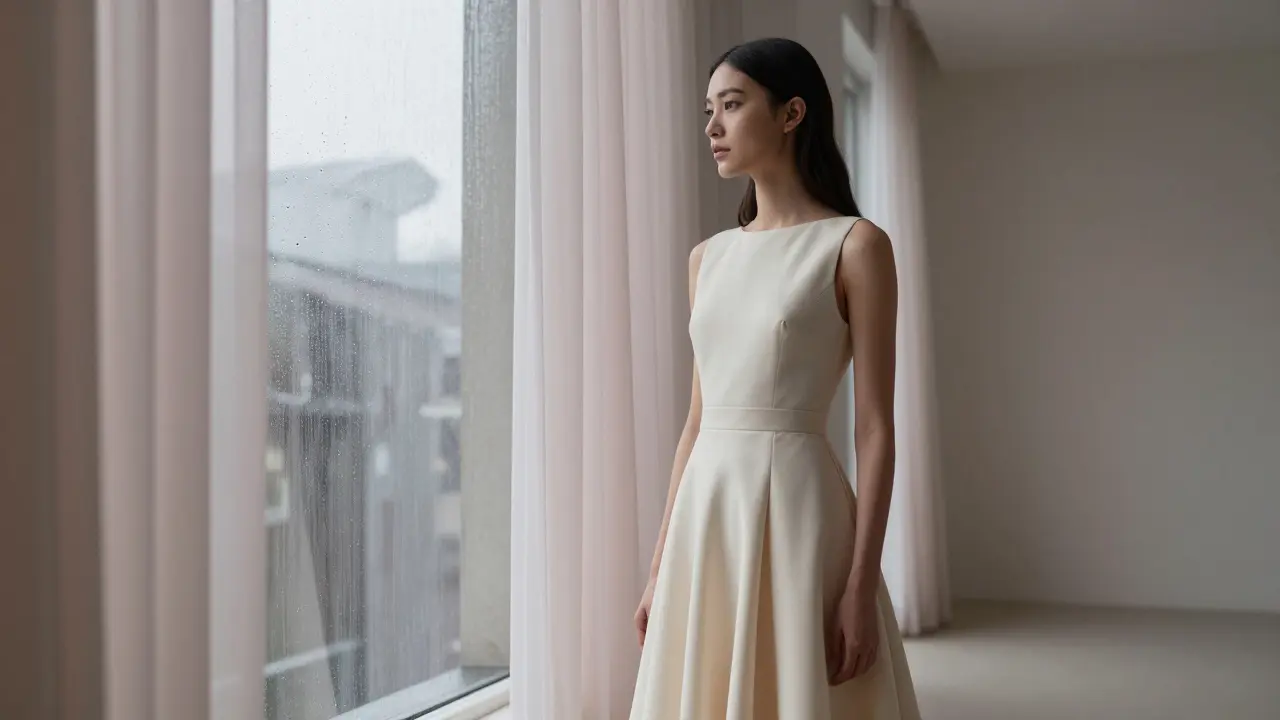 Eine Dior-Modelle blickt aus einem fenster, Regentropfen laufen die Scheibe hinunter, das Zimmer ist leer und still.