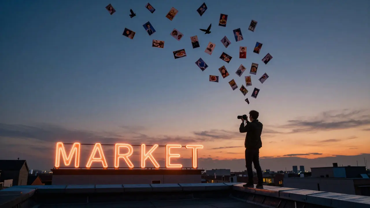 Fotograf auf dem Dachboden, 1.200 Fotos steigen wie Vögel in den Dämmerungshimmel.