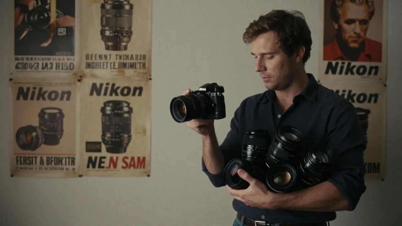Fotograf hält eine Nikon Z8 und alte Objektive, vor einer Wand mit verblassten Nikon-Werbeplakaten.