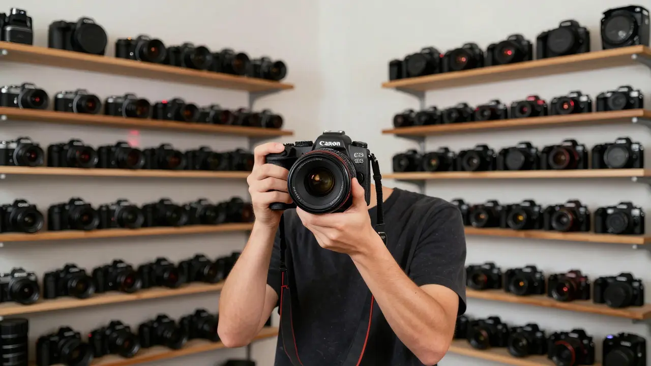 Fotograf mit EOS R8 und altem EF-Objektiv, umgeben von Canon-Kameras aus 35 Jahren.