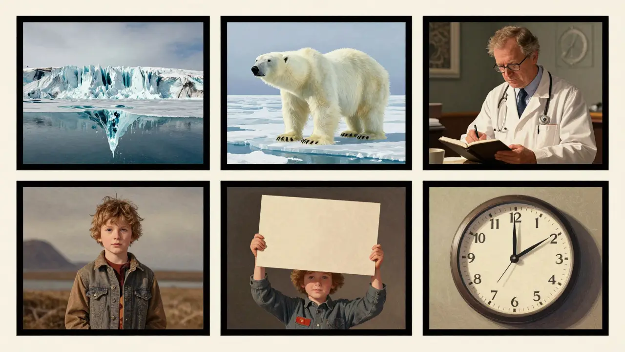 Fünf journalistische Fotos in einer Zeitungsseite, die den Klimawandel dokumentieren.