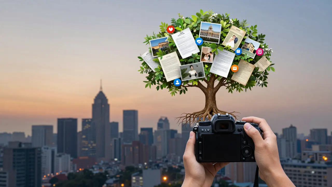 Hände halten Kamera, die in einen Baum verwandelt wird, dessen Wurzeln aus Verträgen und Rechnungen bestehen.
