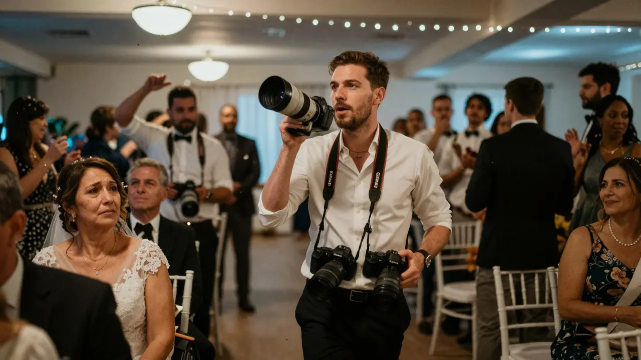 Hochzeitsfotograf mit zwei Kameras in der Halle, der mit Teleobjektiv die Eltern der Braut aus der Ferne photographiert.