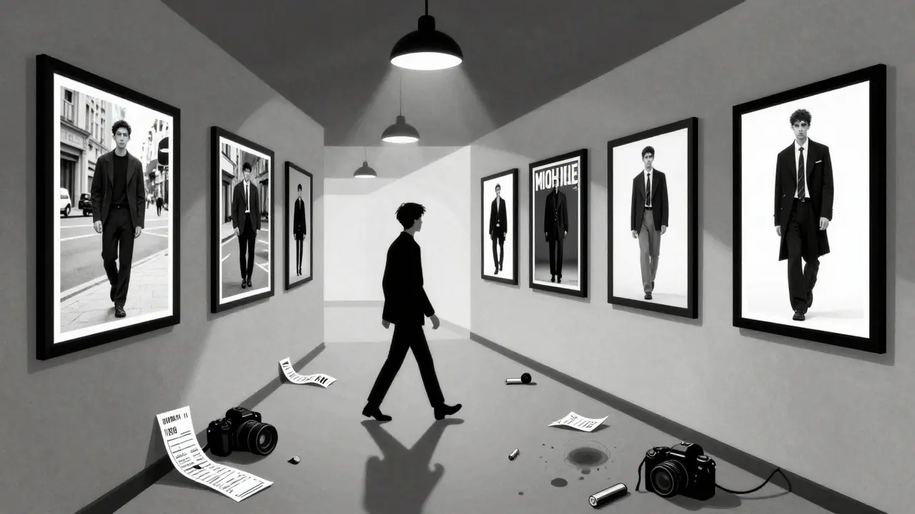 Konzeptuelles Schwarz-Weiß-Bild eines Fotografen, der einen Korridor mit seinen fotografischen Meilensteinen durchquert.