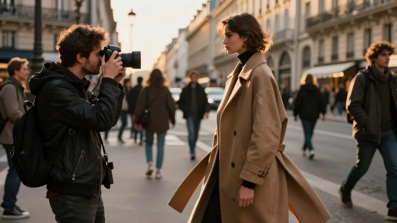 Modefotograf leitet ein Model auf einer Paris-Straße bei goldenem Licht, vor verschwommenem Hintergrund.