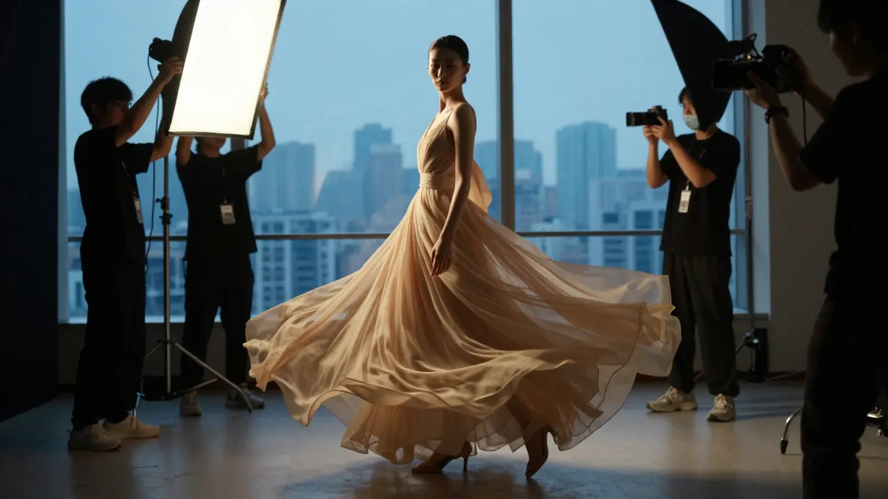 Modefotoshooting mit einer Models in einem fließenden Kleid, unter dramatischer Studiobeleuchtung, mit Assistenten im Hintergrund.