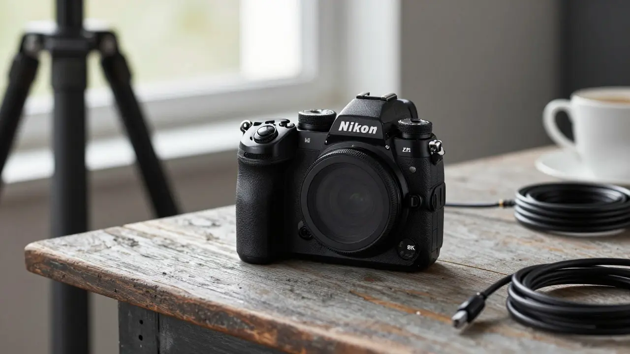 Nikon Z8 auf holzerner Tischplatte, sanftes Tageslicht, ruhige, zuverlässige Atmosphäre.