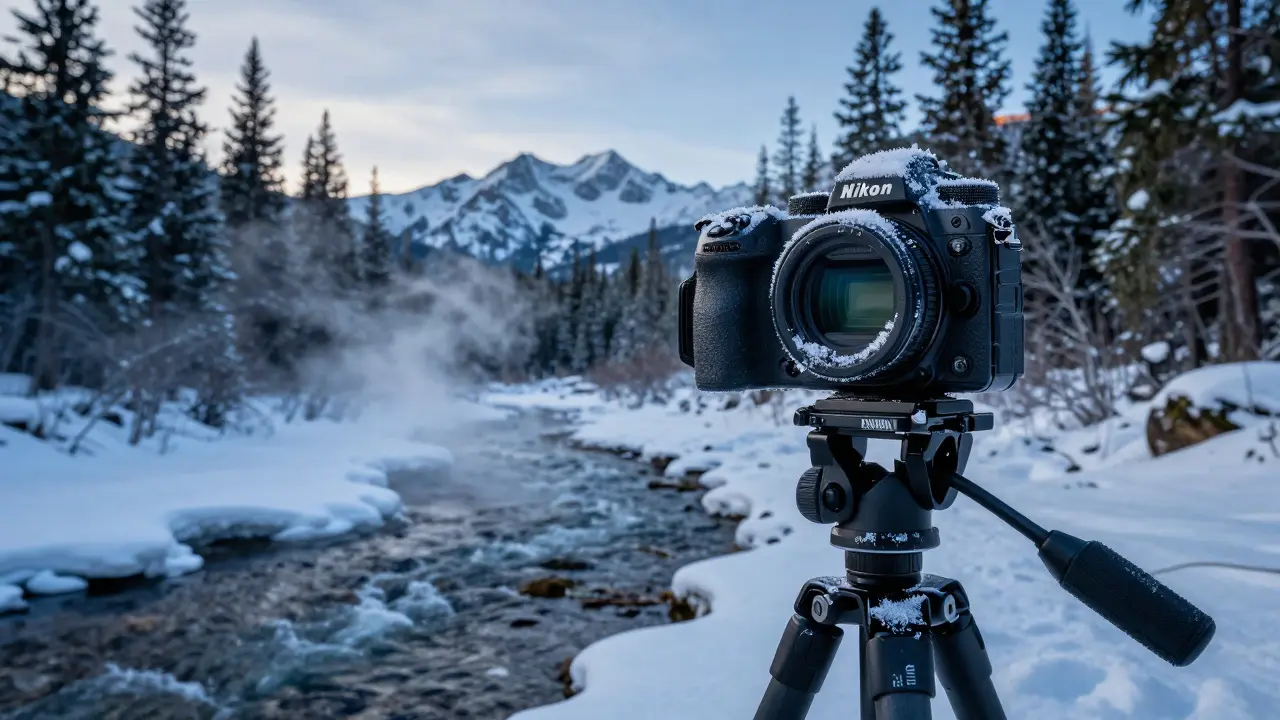 Nikon Z8 on a tripod in snowy Rocky Mountains at dawn, capturing detailed landscape.