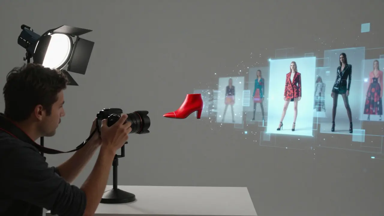 Split-Bild: rechts echter Fotograf mit Kamera, links verschwindende KI-Modebilder, Symbol für Mensch vs. Maschine.