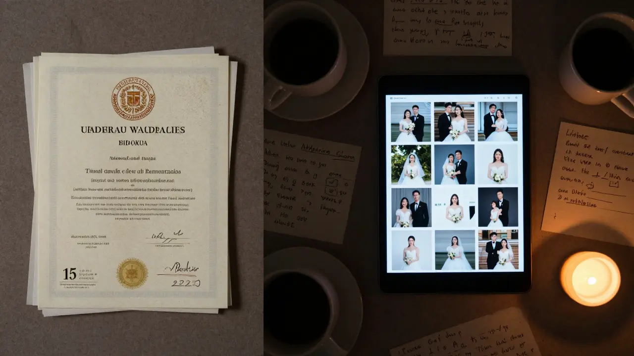 Split-Screen: Links staubige Abschlüsse, rechts leuchtendes Fotografie-Portfolio auf einem Tablet.