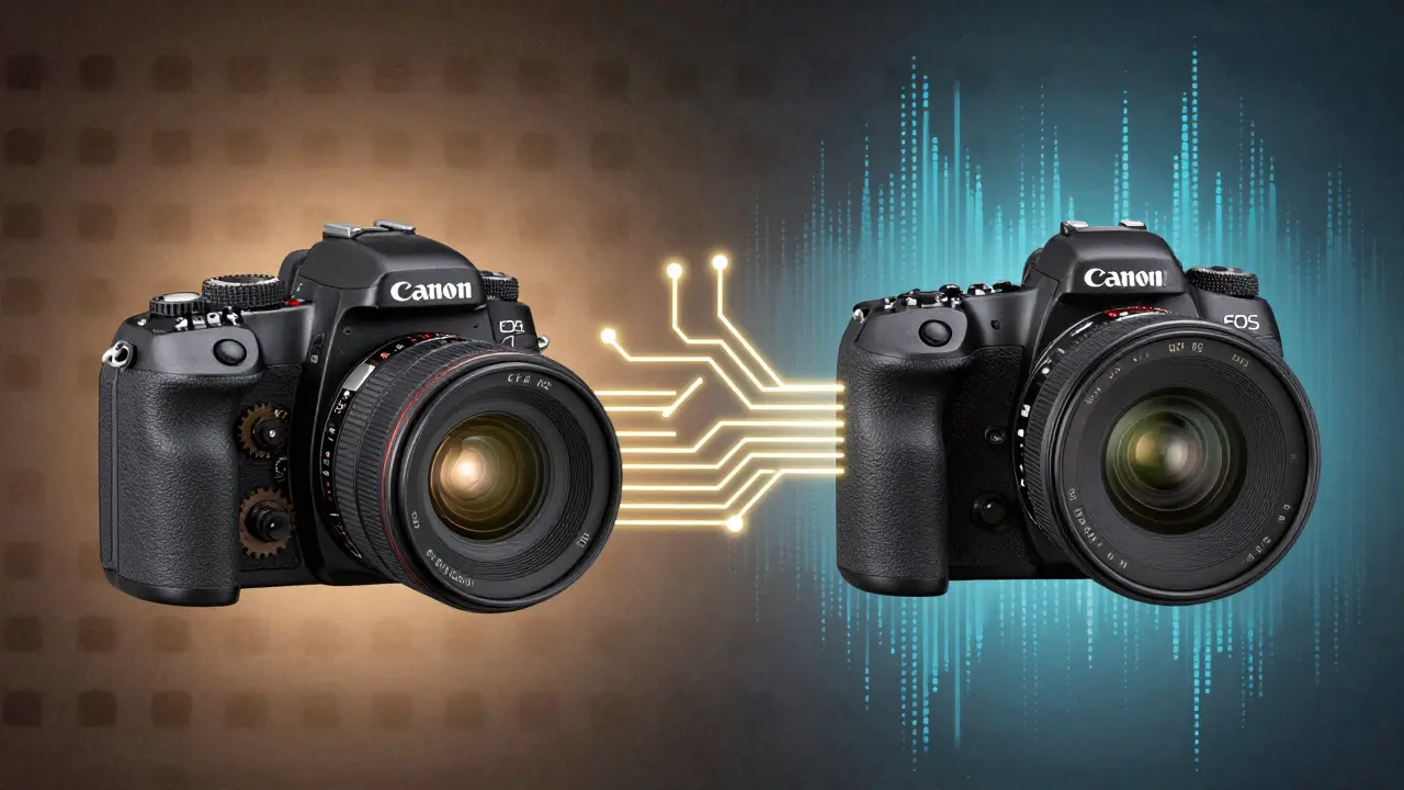 Vergleich: Mechanische EOS-DSLR links, moderne spiegellose EOS R5 rechts, verbunden durch elektronisches Licht.